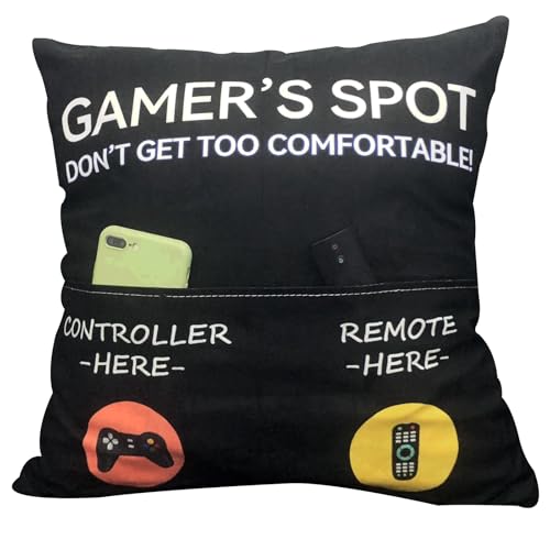 ZUYUROU Gamer Gifts Gamers Spot Pocket Design Throw Pillow Covers 18 x 18 Inch Gaming Room Dcor Stocking Stuffers Easter Basket Stuffers for Teen Boys Girls Men Father Boyfriends-Black