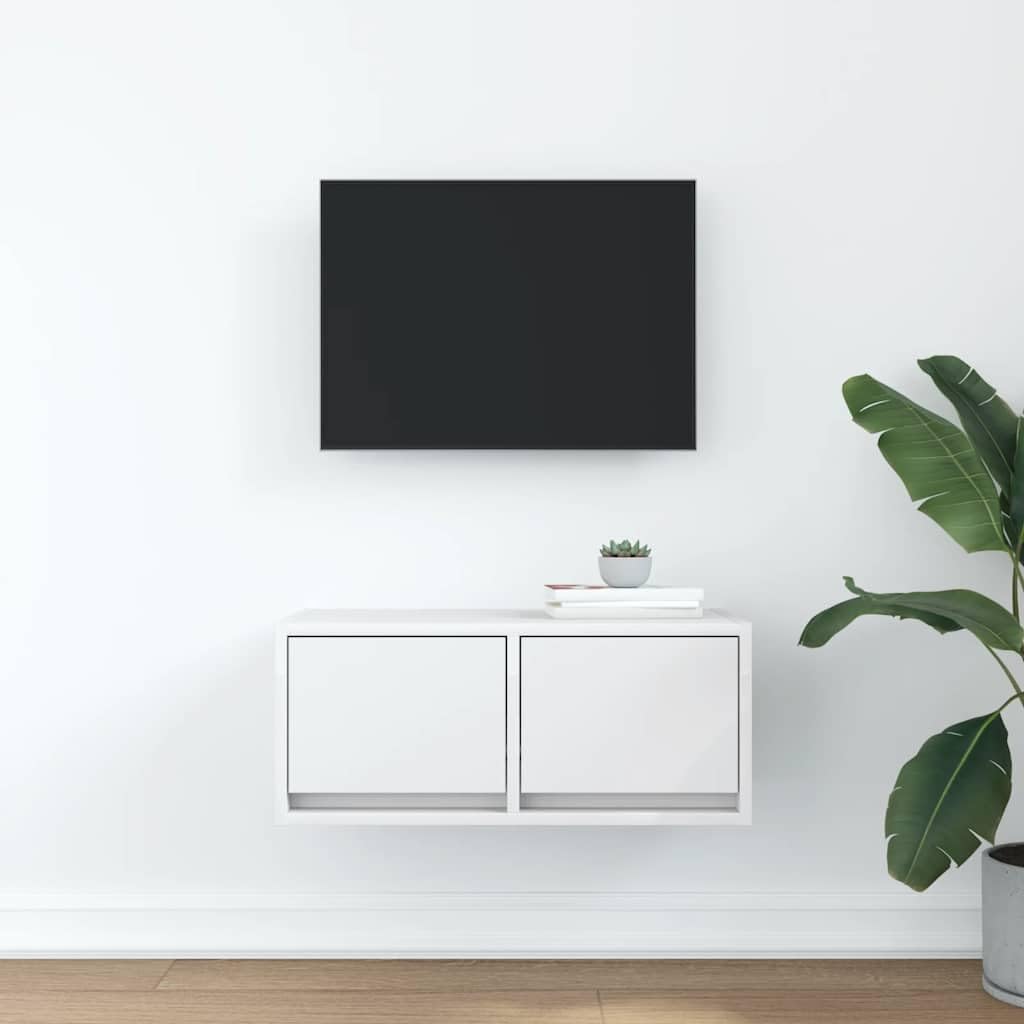 Mobile TV bianco in legno 60 x 31 x 25,5 cm con 2 cassetti, montaggio a parete, spazio per soggiorno, camera da letto, home theater, credenza salvaspazio con ripiano