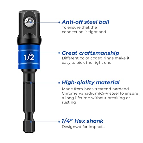 Maexus Impact Grade Socket Adapter Extension Set Turns Power Drill Into High Speed Nut Driver, 1/4" 3/8" 1/2" Drive, Socket To Drill Adapter For Impact Drivers, Best Tools Gift For Men - Black #TOP3