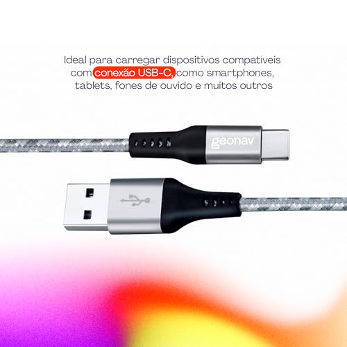 Geonav Cabo USB-C (tipo C) para USB, carregamento rápido, nylon trançado, 1,5MT, UCC06, Cinza/Branco