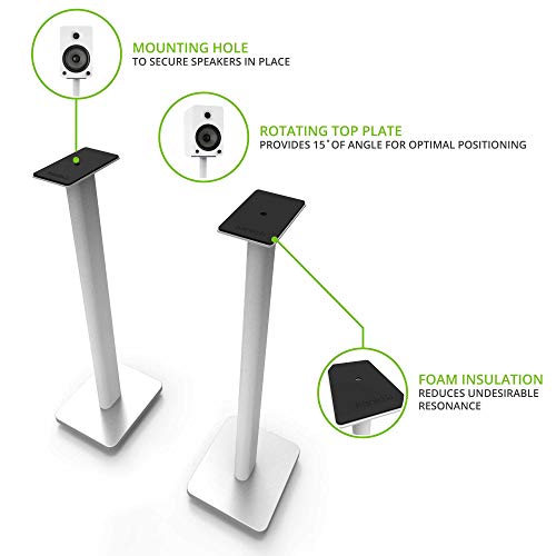 Image of Kanto SP26PLW 26 inch Bookshelf Speaker Swiveling Floor Stands - White, Pair - Maximum Speaker Weight 30lbs per Stand - Standard and Extended top Plate Included - Internal Cable Management
