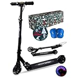 JD RAZOR MS-205R-B キックボード キックスターター ハンドブレーキ付 光る LEDホイール 高さ調整可能 大人用 子供用 プレゼント 持ち運び便利 折り畳み式 耐荷重90s… (【Xmasラッピング緑】ブラック/プロテクター付)