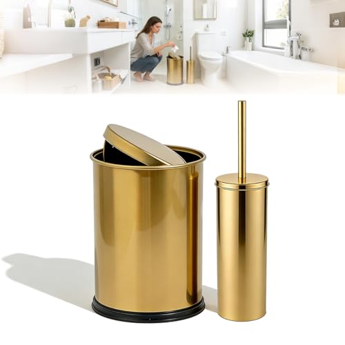 Set de 2 piezas basurero y cepillo baño dorado