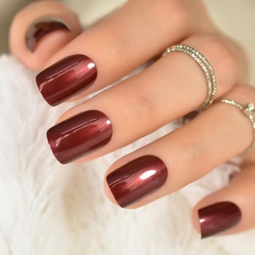 Wine Red Press On Nails Short - IKISKT Solid Color Acrylic French False Nails Natural Nude, Glue On Nails with Glue Sticker,Fit Perfectly & Natural Stick On Nails - UV Gel Fake Nails Kit,Dark Wine Red