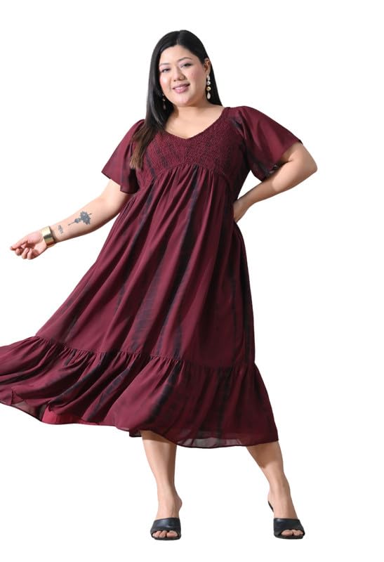 Plus Size Maroon Tie Dye Smocked Georgette Midi Dress | Fit and Flare Polka Dress | Dresses for Girls | Summer Casual Vacation Outfit-image-26