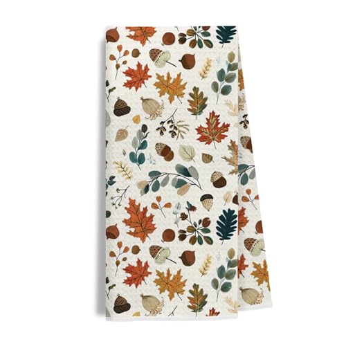 Fall Waffle Weave Kitchen Towel - Autumn Acorn and Oak Leaves Print