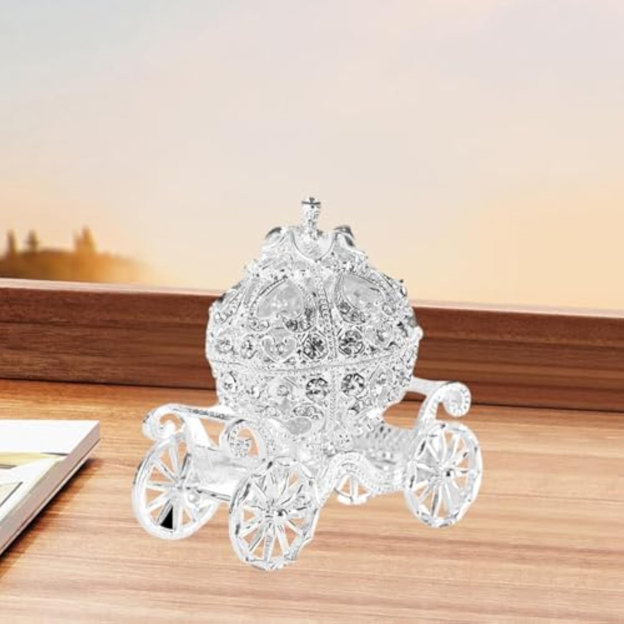 Decorative Enamel Pumpkin Carriage Jewelry Box, Silver