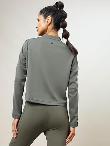 Image of TECHNOSPORT Womens Polyester Crew Neck Slim Fit Color Blocked Crop Sweatshirt Quick Dry & Antimicrobial