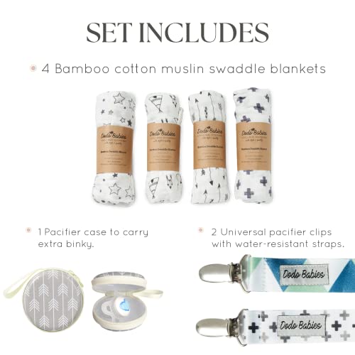 Dodo Babies Swaddle Blanket & Pacifier Clip Set – Four Large Cotton Muslin Receiving Blankets Plus Two Universal Binky Holders and Zip-Close Paci Case – Great for New Girl or Boy - Thumbnail 3