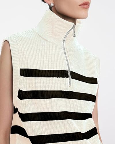 Image of Kedera Women's Striped Sweater Vest V Neck Sleeveless Work Sweater Quarter Zip Knit Vest Top 2024 Trendy Office Outfits