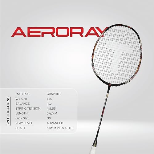 Image of TANSO Black Aeroray Strung Professional Badminton Racket (35 Lbs Tension, 6.5mm Ultra Slim Solid Shaft, Recommended by Padukone School of Badminton)