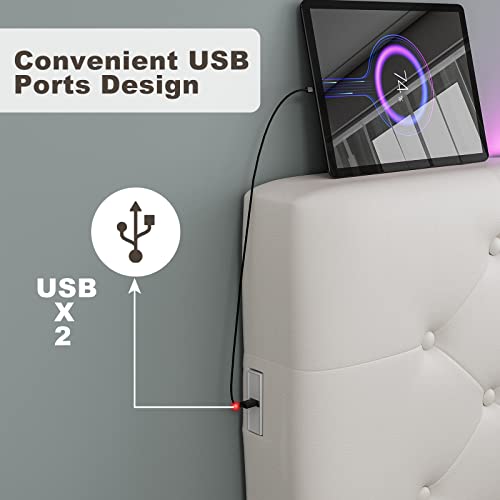 Ikifly King Bed Frame With Adjustable Headboard, Modern Upholstered Platform Bed With Led Lights & 2 Usb Ports, Mattress Foundation/Strong Wood Slat Support, No Box Spring Needed - White/King Size #TOP4