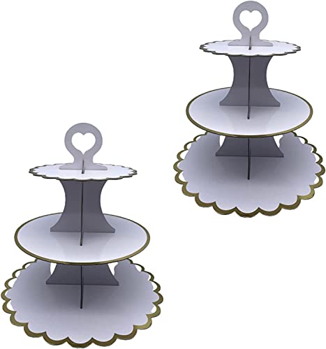 2 Sätze Tortenständer aus Karton 3 Etagen, Cupcake Ständer aus Pappe, Muffinständer für Kindergeburtstag, Dessertständer für Geburtstag Party, Kaffeetafel, Hochzeit (Weiß mit Goldrand) Cover