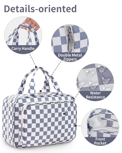 Image of Narwey Large Hanging Toiletry Bag Travel Makeup Bag Cosmetic Organizer for Women and Girls, Z-Grayish Blue Checkerboard, Medium