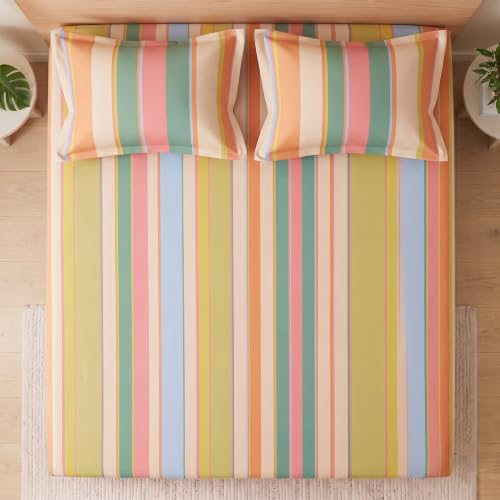 Image of BSB HOME 240 TC Cotton Feel Bedsheet with 2 Pillow Covers, Soft & Breathable Printed Double Bed Sheet for Bedroom, Fade Resistant & Easy Care - 90 x 100 Inches (228 x 254 cm) - Sorbet Pastel Stripe