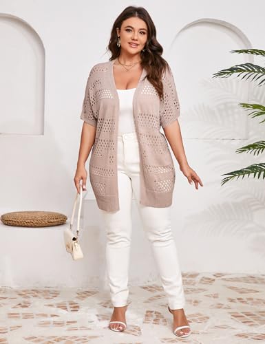 Image of Summer Crochet Cardigan Plus Size Women Short Sleeve Open Front Knitted Cardigans Lightweight Cover Up for Beach