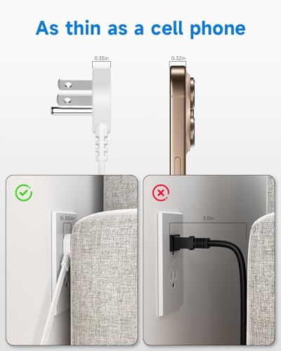 Image of Flat Plug Short Extension Cord 1Ft White Low Profile Adapter 3 Prong Indoor Small Grounded Power Cable Outlet Saver 16AWG 13A 1625W 3 Pack