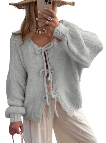 chouyatou Women's Cute Bow Knot Cardigan Fall Casual Oversized Ribbed Knit Sweater Cardigan Tops