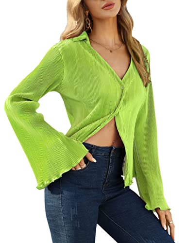 KOJOOIN Women's Y2k V Neck Button Front Shirts Bright Green at