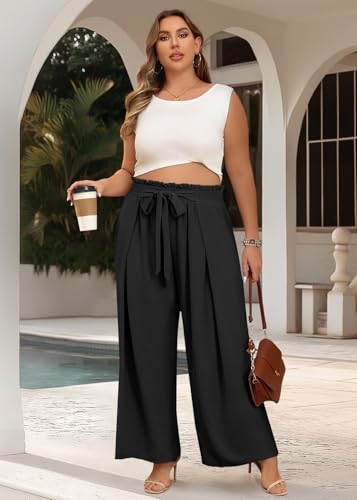 Lastshe Women's Plus Size Pants Wide Leg Work Casual Palazzo Pants Elastic High Waisted Dressy Trousers with Pockets4