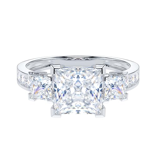 THELANDA 14k White Gold All Princess Cut Genuine Moissanite or Simulated Diamond Three Stones Engagement Ring 2CT Main Stone