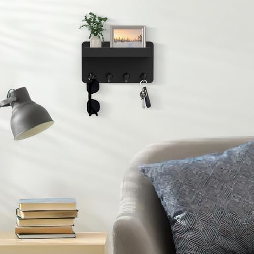 Nekon Key Holder Wall Mount, 8.5 Inch Small Home Decor Wooden Wall Organizer with 4 Hooks and Shelf, Key and Mail Holder for Living Room Entryway Kitchen (Black) - Image 3