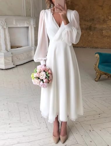 Long Sleeves Tea Length Wedding Dress for Bride Chiffon V Neck Midi Long Bridal Dress for Women3