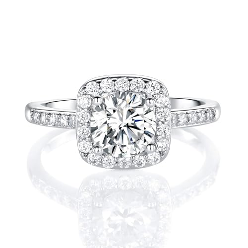 MDFUN 18K White Gold Plated Cubic Zirconia Promise Halo Engagement Promise Eternity Ring for Women (rhodium-plated-brass, 7)
