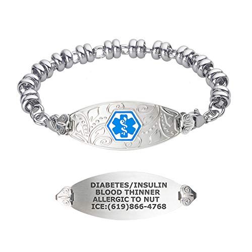 Divoti Custom Engraved Medical Alert Bracelets for Women, Stainless Steel Medical Bracelet, Medical ID Bracelet w/Free Engraving  Lovely Filigree Tag w/Wrapped Link-Light Blue-8.5