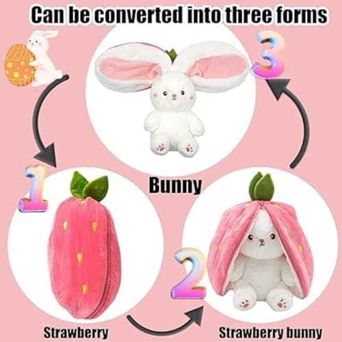Image of 35cm Reversible Rabbit Strawberry Bunny Plush 3-in-1 Soft Toy with Zipper Stuffed Animal for Kids Girls Boys. Birthday Gift Room Decor Cuddly Teddy Bear Doll