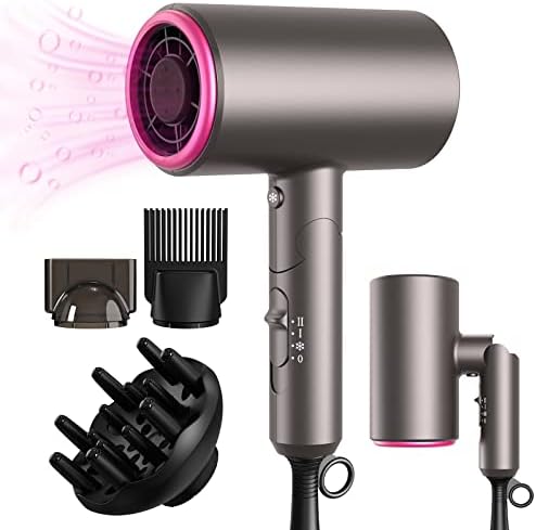 Ionic Hair Dryer - LARMHOI 1800W Professional Negative Ions Hair Blow Dryer with 3 Heating/2 Speed/Cold Settings, 2 Nozzles and 1 Diffuser, Foldable Blow Dryer for Home, Travel, Salon Use