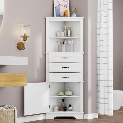 Armario esquinero para cuarto de baño, de pie, 57,7 x 46 x 167,5 cm, lacado blanco, con 3 cajones y compartimentos abiertos, armario de almacenamiento vertical para baño pequeño