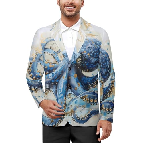 Blue Octopus Men's Suits Dress Business Formal Suit Print Jackets Coat For Wedding Party