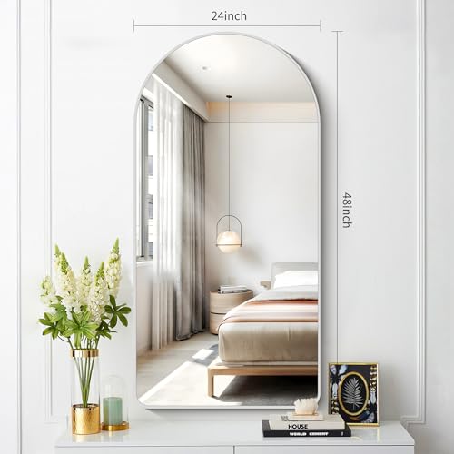 Image of FORBATH Arched Bathroom Mirror 24x48 Inch, Silver Bathroom Mirror Wall Mounted Modern Aluminum Alloy Frame Arch Mirror for Bedroom Living Room Entryway, Hanging or Leaning Against Wall