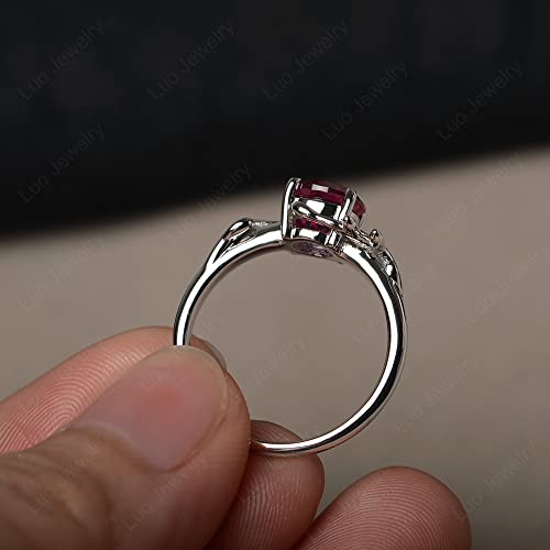 LUO 925 Sterling Silver Rings 7MM Round Shaped Gemstone Engagement Rings with Leaf Design Promise Rings for Her Birthday Christmas Valentine's Day Jewelry Size 3-134