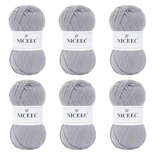 Image of NICEEC 300g Soft Assorted Colors Yarn - Sport Weight,100% Acrylic, 4 Ply, Bonbons Yarn for Crochet & Knit, DIY Project Starter Kit for Kids or Adults(Total 870yds) - Light Gray