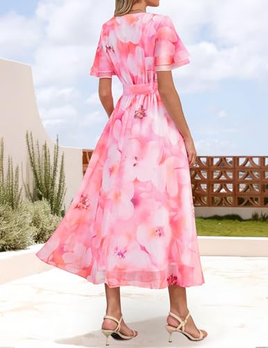 ZESICA Women's 2025 Summer Floral V Neck Midi Dress Boho Short Sleeve High Waist Flowy Beach Vacation Dresses with Belt4