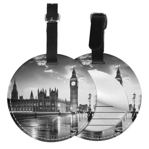 Étiquettes bagages rondes London en similicuir pour sécuriser vos valises en voyage