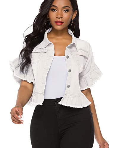 Image of Suvimuga Women's Denim Jacket Button Down Distressed Ruffle Sleeve Crop Jean Jackets Coat