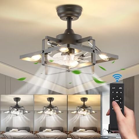ECOBRT 16" Black Cage Ceiling Fan with Light, Industrial Ceiling Fan with Remote Control, Farmhouse Fan Light Ceiling Fixture for Kitchen, Bedroom (6 Speeds, 3 Colors, Timer) - E12 No Bulb Cover