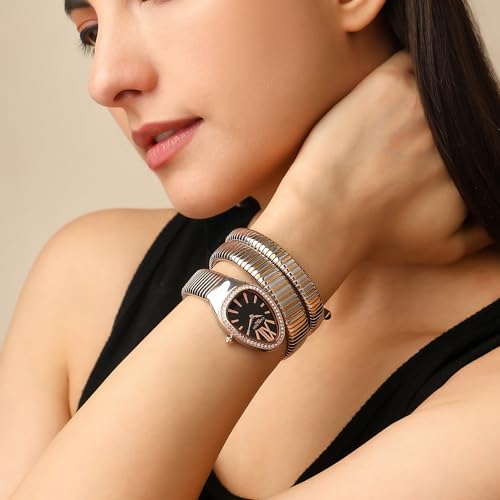 Image of Carlton London Women Charmer Analog Watch, Snake Design Bracelet, Stainless Steel Strap, Quartz Movement, 30M Water Resistant