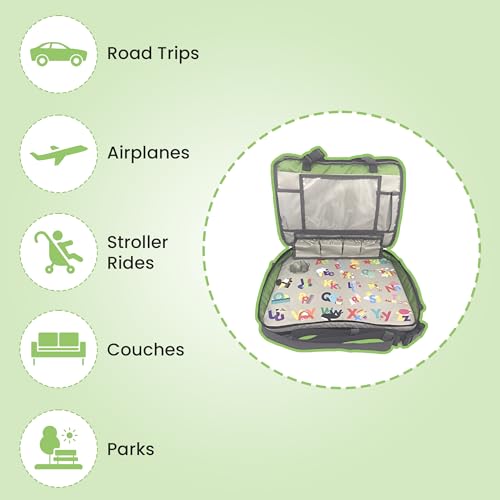 Image of Kids Travel Tray - Essential 3 in 1 Convenient Convertible Car Seat Travel Tray for Kids - Organizer (Gray & Lime Green)