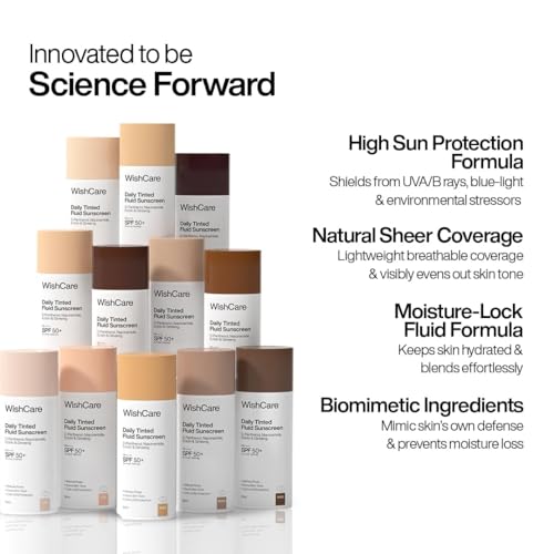 Image of WishCare Daily Fluid Tinted Sunscreen SPF50 PA++++ | R303 | Broad Spectrum Protection for all skin types | In-Vivo Tested Tinted Sun Screen | D-Panthenol, Niacinamide, Ectoin & Ginseng | Evens & Protects | 50ml