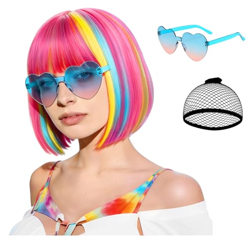 Colored Bob Wig Straight Hair with Heart Sunglasses Hair Cap Short Rainbow Wig with Flat Bangs for Women Daily Bachelorette Halloween Costume Party Decorations Realistic (Pink Lake blue Yellow)