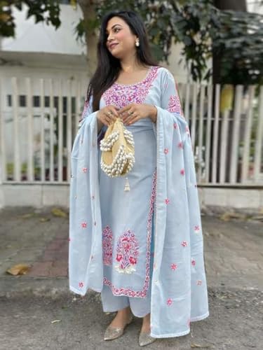 Image of GoSriKi Kurta Sets for Women Viscose Embroidered | Kurta Pant Dupatta Set | Straight Kurti Set for Women | Round Neck 3 /4 Sleeve Ethnic Suit | Designer Indian Kurti Outfit with Pants
