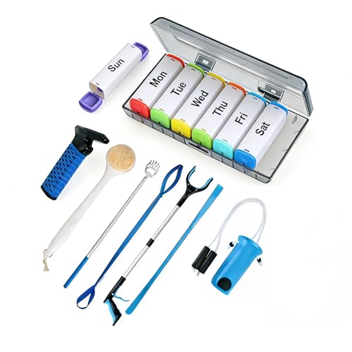 7PC Hip Kit + Weekly Pill Organizer Combo for Seniors Post-Surgery Recovery Mobility Aids & 7-Day AM/PM Medicine Organizer, White