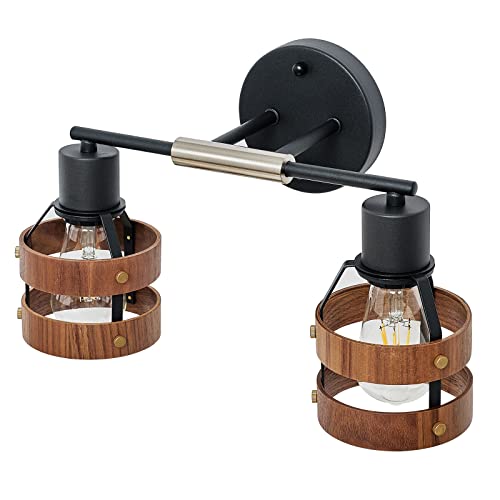 Industrial 2-Light Bathroom Vanity Light, Natural Wood Lampshade, Brushed Nickel Accent, Matte Black Wall Light For Mirror, Living Room, Bedroom, E26 Base #TOP29