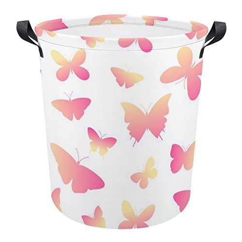 Pink Yellow Butterflies Laundry Basket With Handle Fabric Hamper Laundry Storage Baskets Organizer Large Bins For Dirty Clothes Toys Bathroom #TOP26