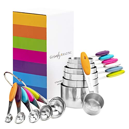 Measuring Cups and Spoons Set - 12 Piece Food Grade Stainless Steel Upgraded Handle Thickness Stackable Measure Liquid Dry Ingredients by Go Simply Amazing BakingCookingKitchen