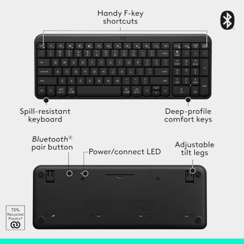 Image of Logitech K250 Bluetooth Keyboard with Numpad, Easy Connectivity, Compact Wireless Keyboard Made with Recycled Plastic, Spill-Resistant, Comfortable Keys - Windows /MacOS - Graphite